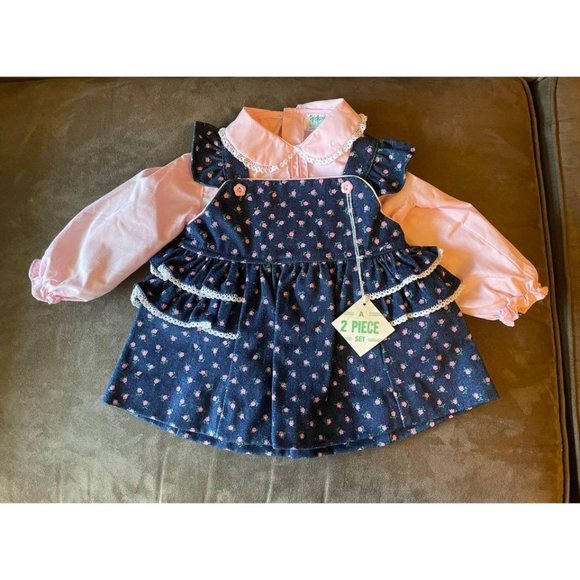 12M NWT Vintage Tiny Tots Original Denim Rose Print 2-Piece Dress & Long Sleeved - Picture 1 of 7